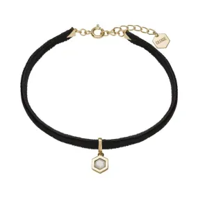 Pulsera con colgante en oro, piedra efecto mármol y terciopelo negro Amourette