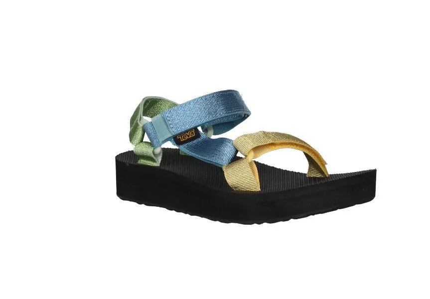 Sandalia Playa Velcro Amarillo/azul/verde Tres Tiras Piso Negro Grueso