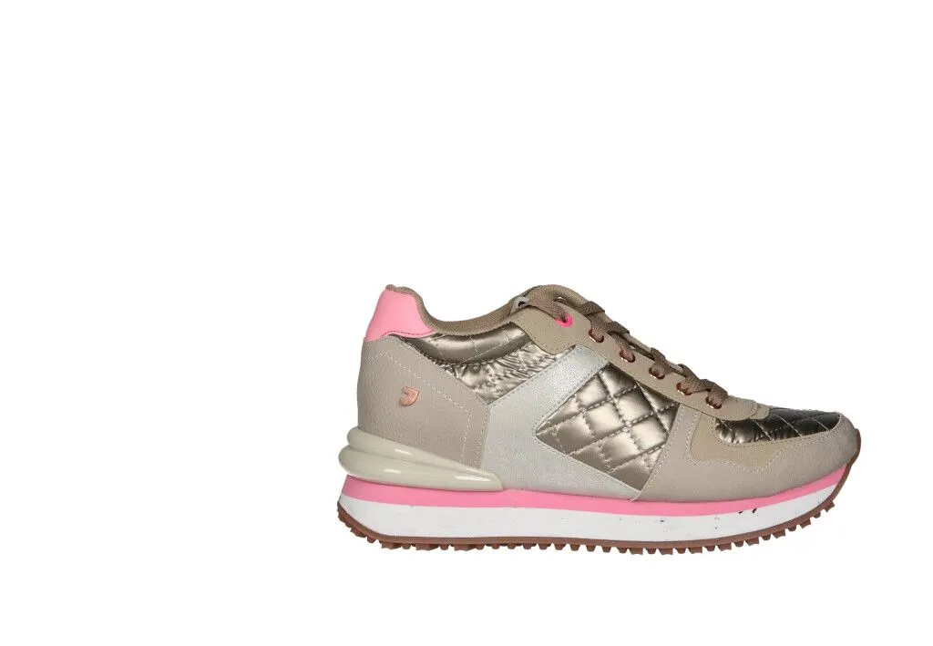 Sneaker Piel Beig Acolchado Dorado Pieza Talon Rosa