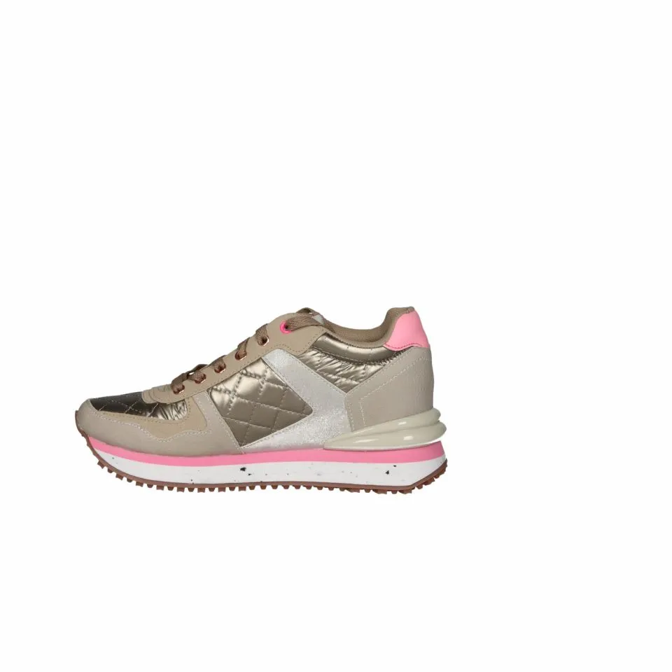 Sneaker Piel Beig Acolchado Dorado Pieza Talon Rosa